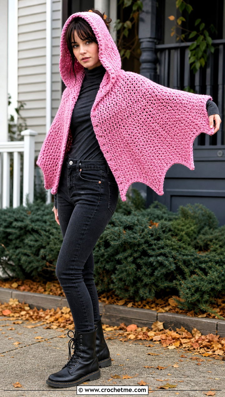 Batwing Hooded Shawl With Turtleneck and Jeans - 25 halloween crochet shawl outfit ideas