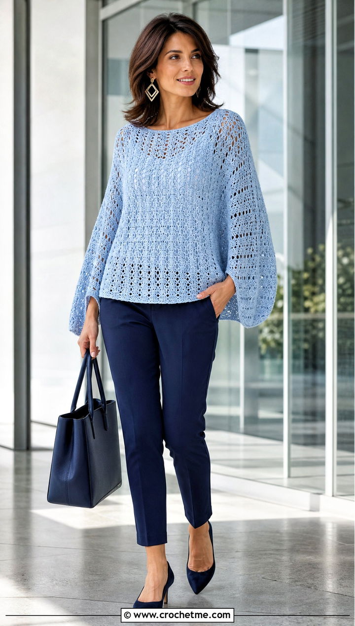 Batwing Lace Crochet Sweater With Slim Ankle Pants - 25 lace crochet sweater outfit ideas