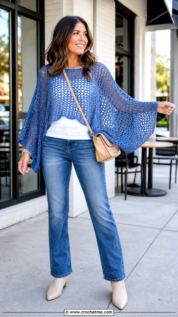 Batwing Net Top With Straight Leg Jeans - 35 crochet net top outfit ideas