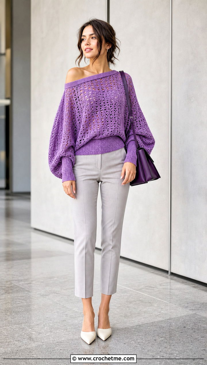 Batwing Off Shoulder Crochet Sweater With Slim Trousers - 35 off shoulder crochet sweater outfit ideas