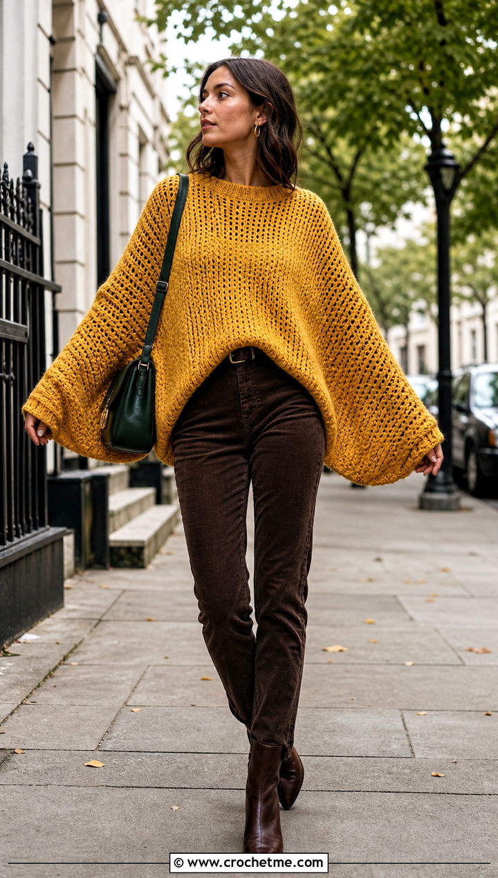 Batwing Oversized Crochet Jumper With Slim Corduroy Pants - 25 oversized crochet jumper outfit ideas