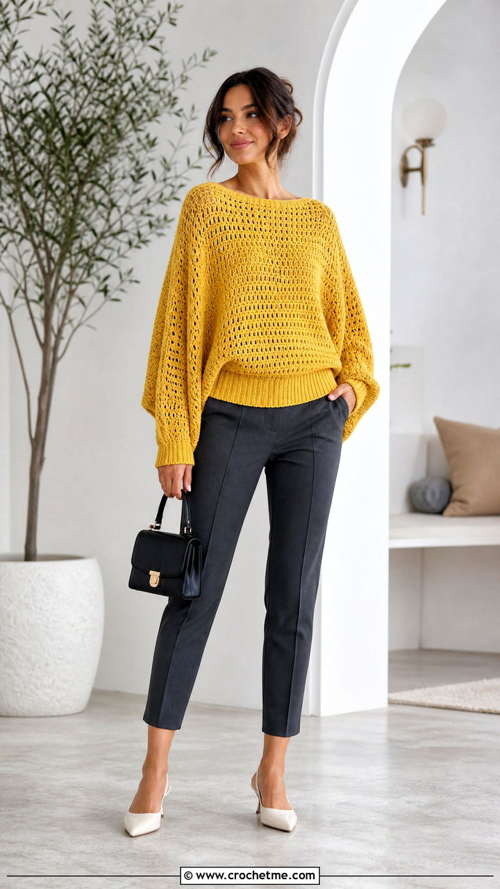 Batwing Oversized Crochet Sweater With Cigarette Pants - 35 oversized crochet sweater outfit ideas