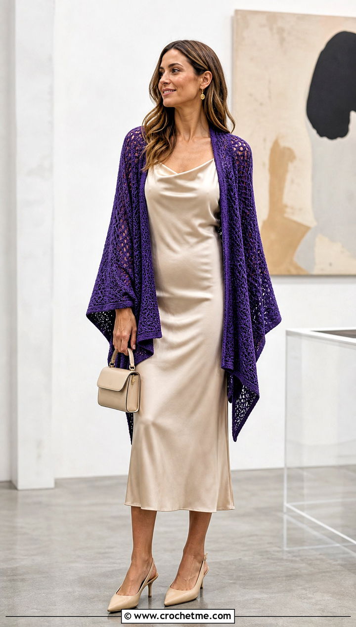 Batwing Rectangle Cardigan Over A Slip Dress - 15 Crochet Sweater From Rectangle outfit ideas