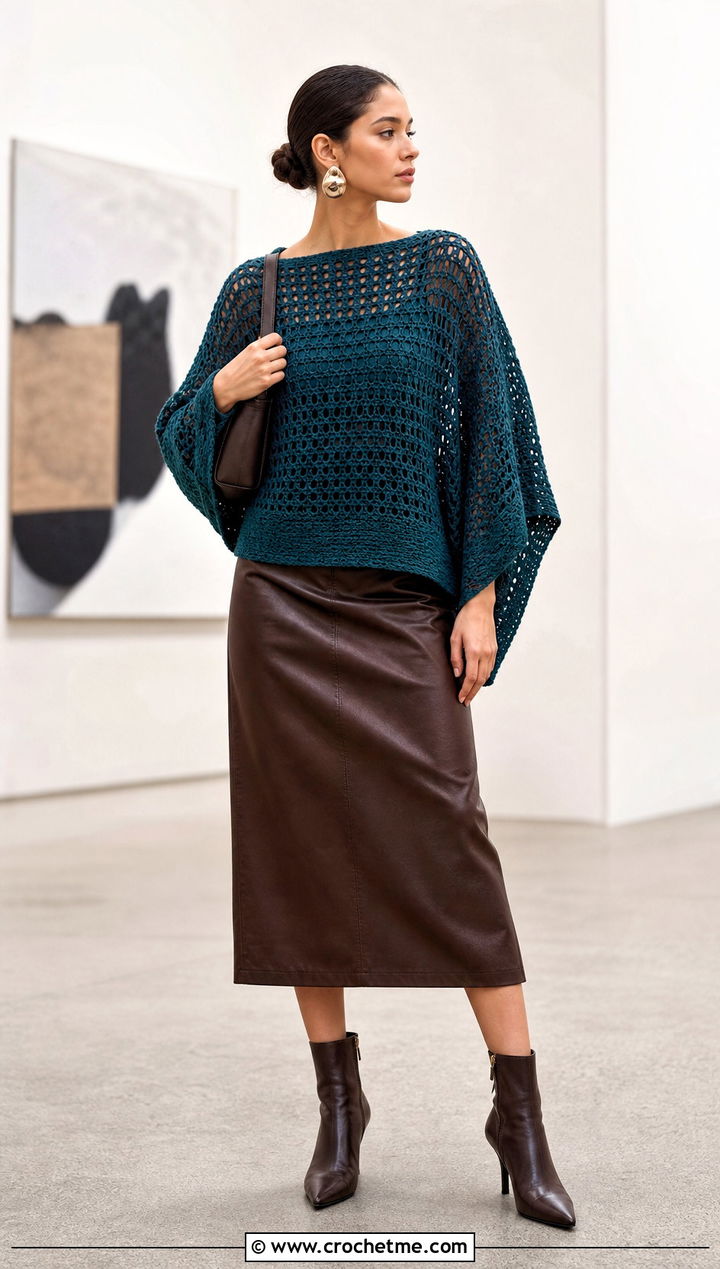 Batwing Rectangle Crochet Sweater With Leather Midi Skirt - 15 Rectangle Crochet Sweater outfit ideas
