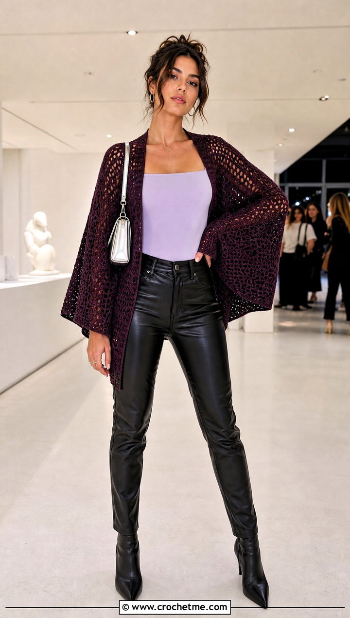 Batwing Shawl Crochet Cardigan With Leather Pants - 25 Shawl Crochet Cardigan outfit ideas
