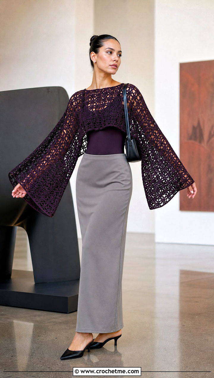 Batwing Sleeve Crochet Crop Top With Column Skirt - 15 crochet crop top with sleeves outfit ideas