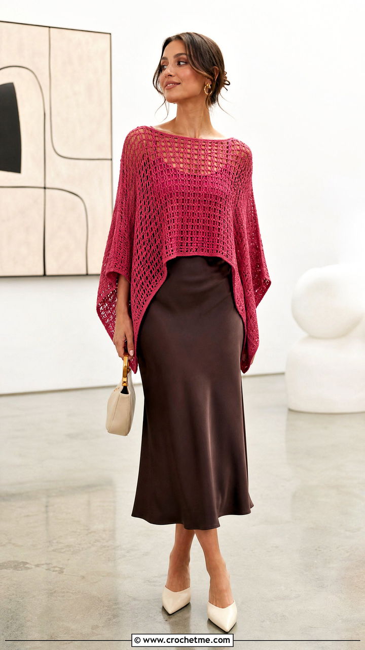 Batwing Sleeve Crochet Top With Bias Cut Midi Skirt - 35 crochet top with sleeves outfit ideas