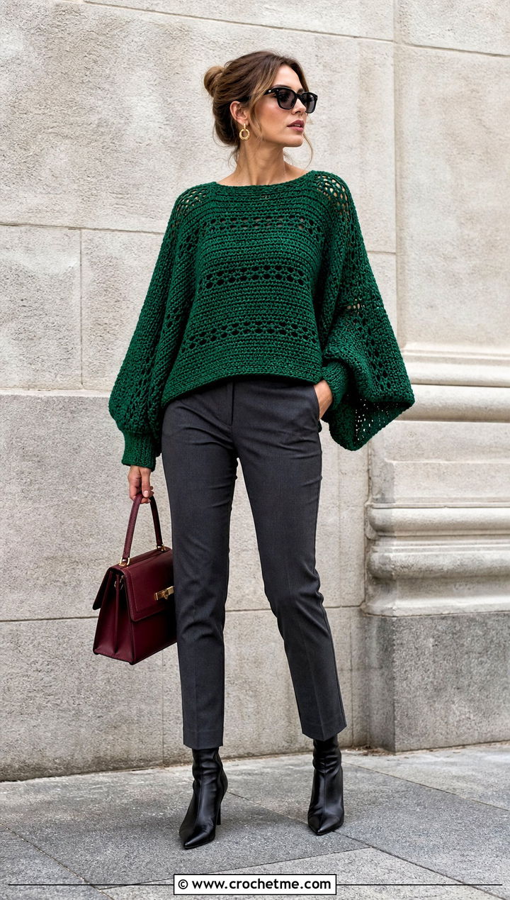 Batwing Sleeve Crochet Top With Slim Trousers - 35 crochet top sleeves outfit ideas
