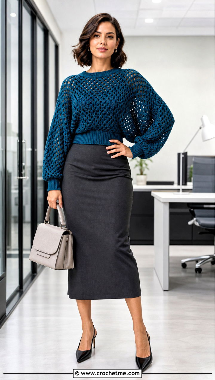 Batwing Sleeve Cropped Crochet Sweater With Pencil Skirt - 35 crop crochet sweater outfit ideas