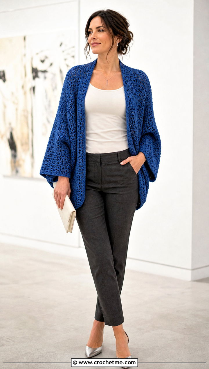 Batwing Slouchy Crochet Cardigan With Slim Trousers - 25 Slouchy Crochet Cardigan outfit ideas