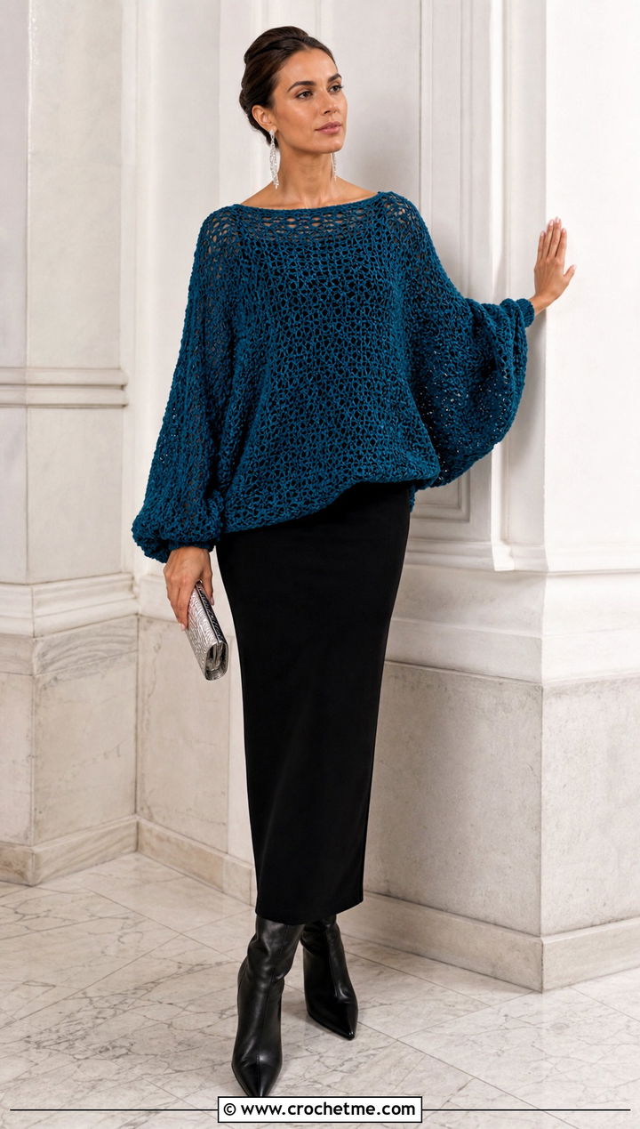 Batwing Slouchy Crochet Sweater With Column Skirt - 25 slouchy crochet sweater outfit ideas