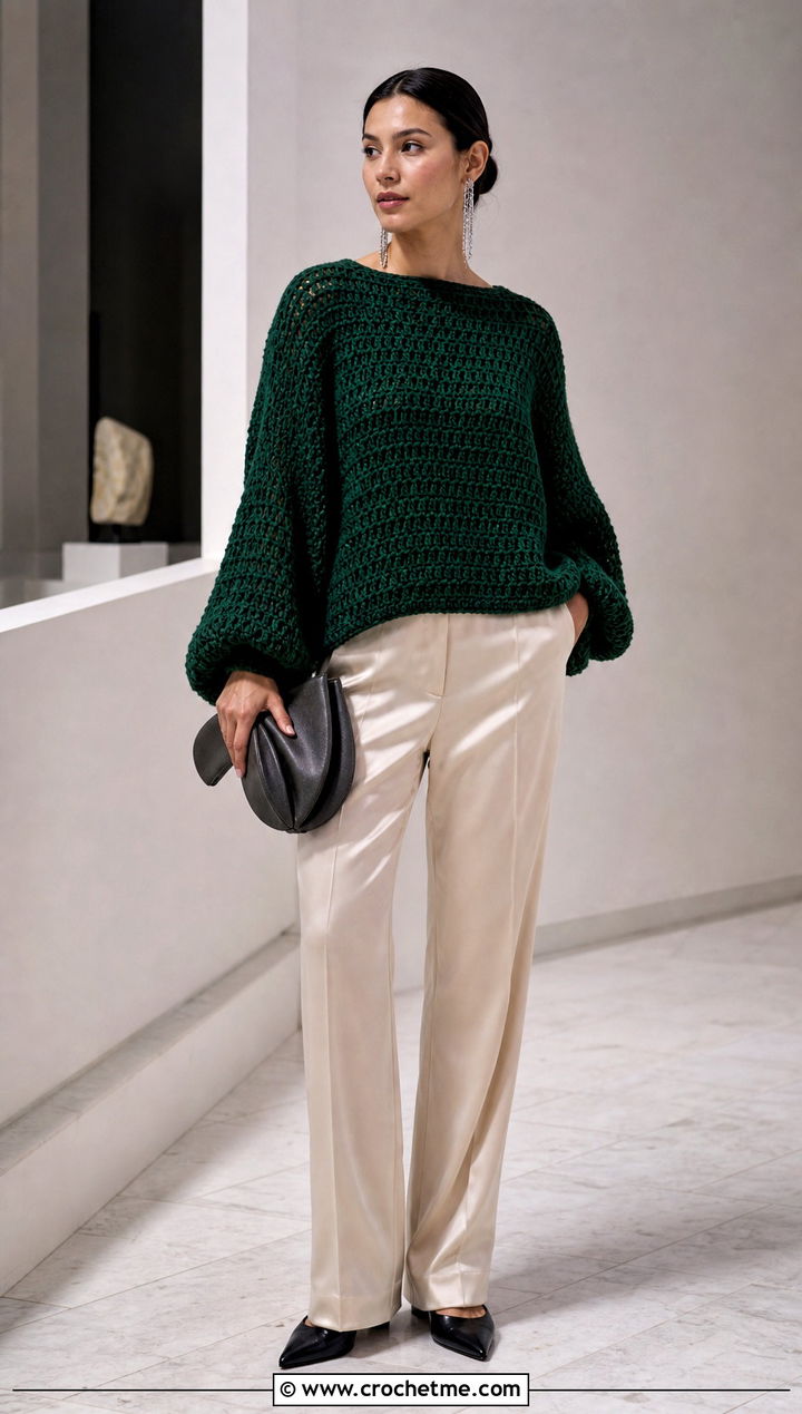Batwing Thick Yarn Crochet Sweater With Satin Pants - 25 thick yarn crochet sweater outfit ideas