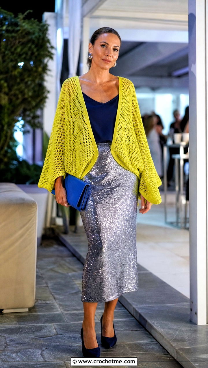 Batwing Yellow Crochet Cardigan With Sequin Midi Skirt - 30 yellow crochet cardigan outfit ideas