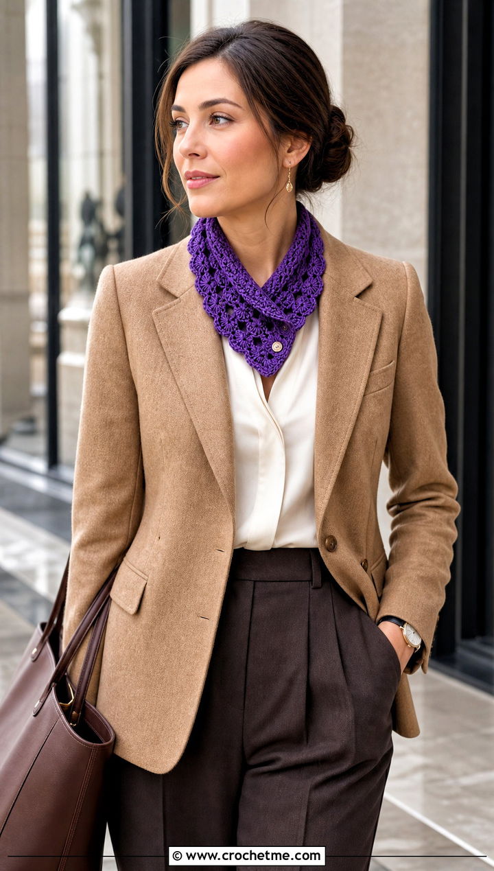 Bavarian Crochet Button Hole Scarf With Blazer And Trousers - 15 Crochet Button Hole Scarf outfit ideas