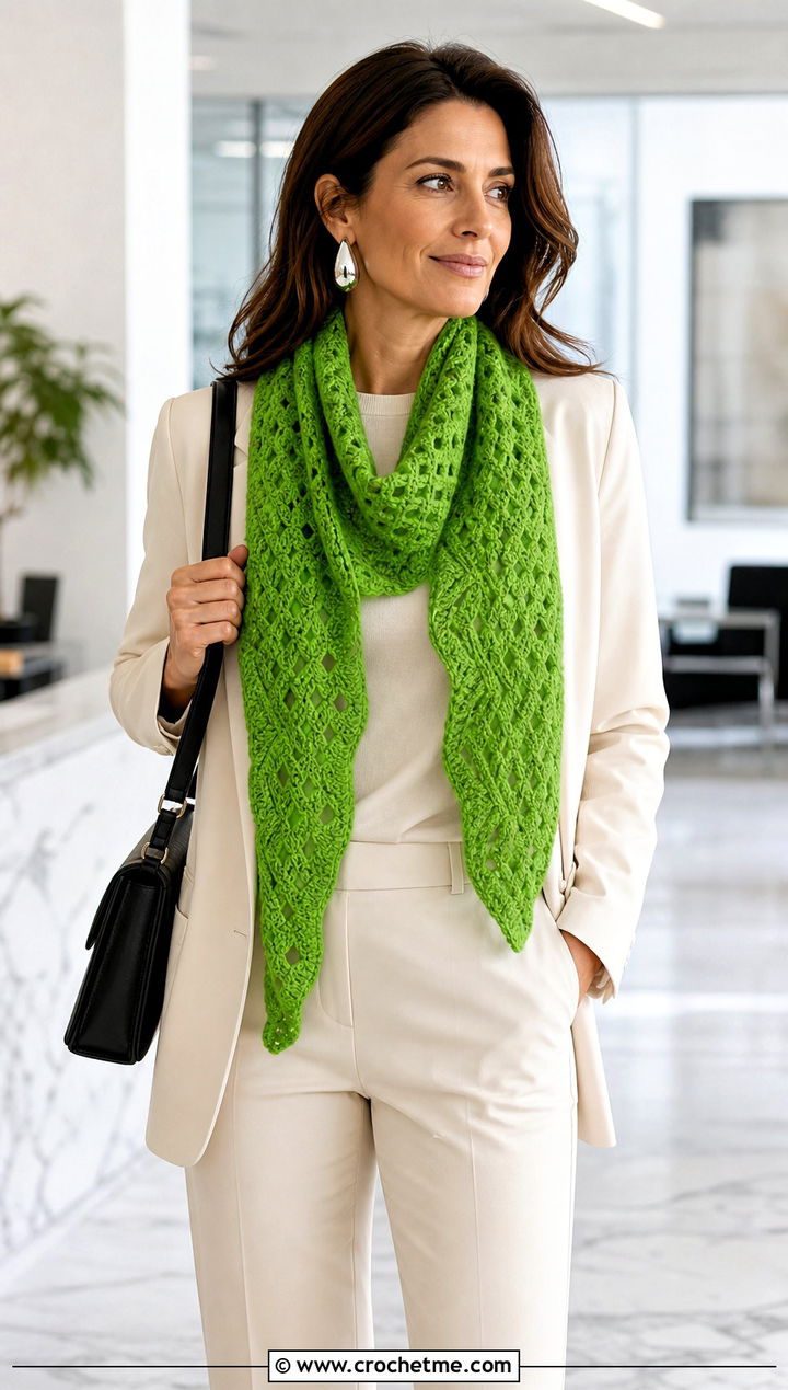 Bavarian Keyhole Crochet Scarf With Monochrome Suit - 15 Key Hole Crochet Scarf outfit ideas