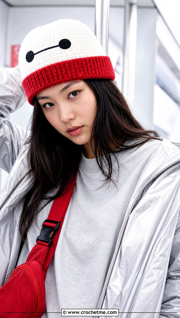 Baymax Face Beanie With Monochrome Athleisure - 25 Crochet Disney Beanie outfit ideas