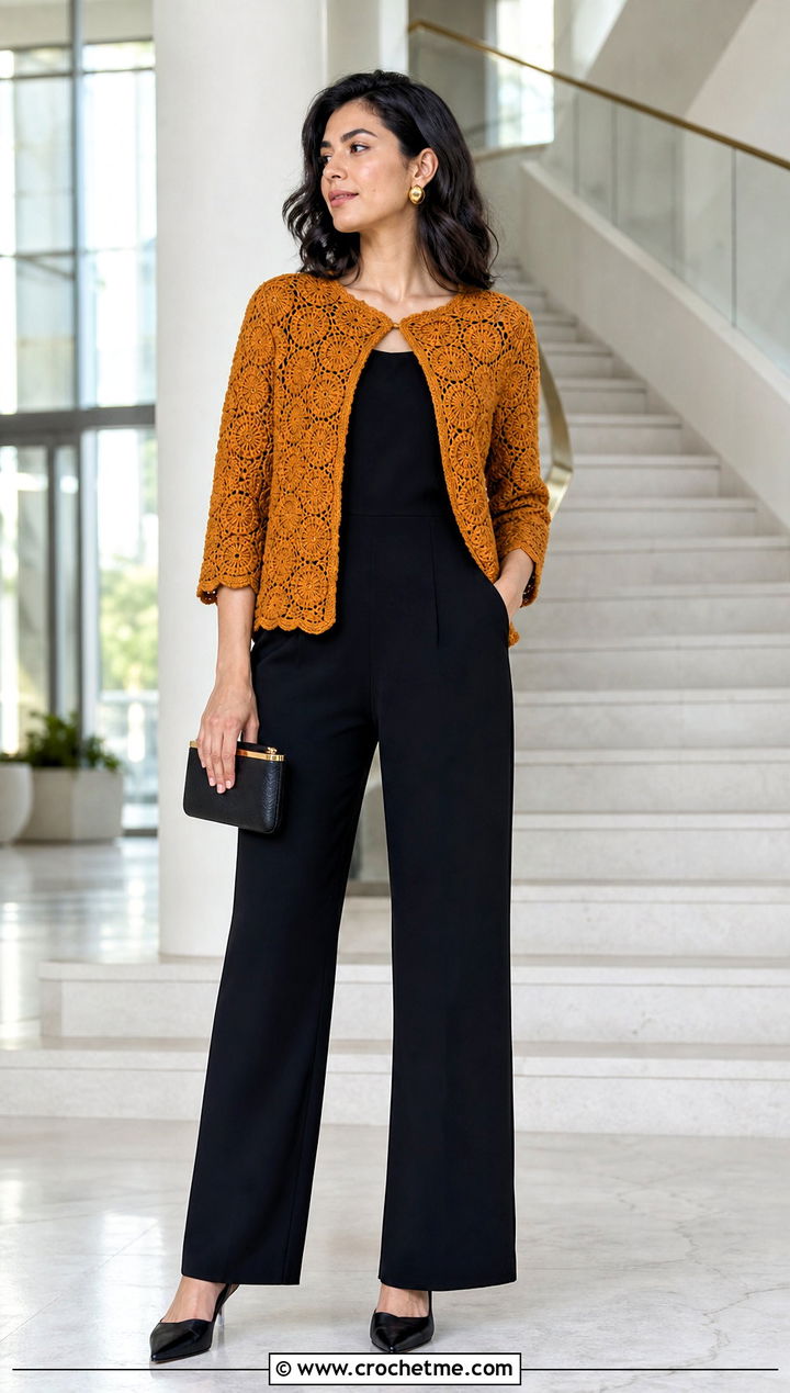 Bead Stitch Circle Cardigan With Jumpsuit - 30 crochet circle cardigan outfit ideas