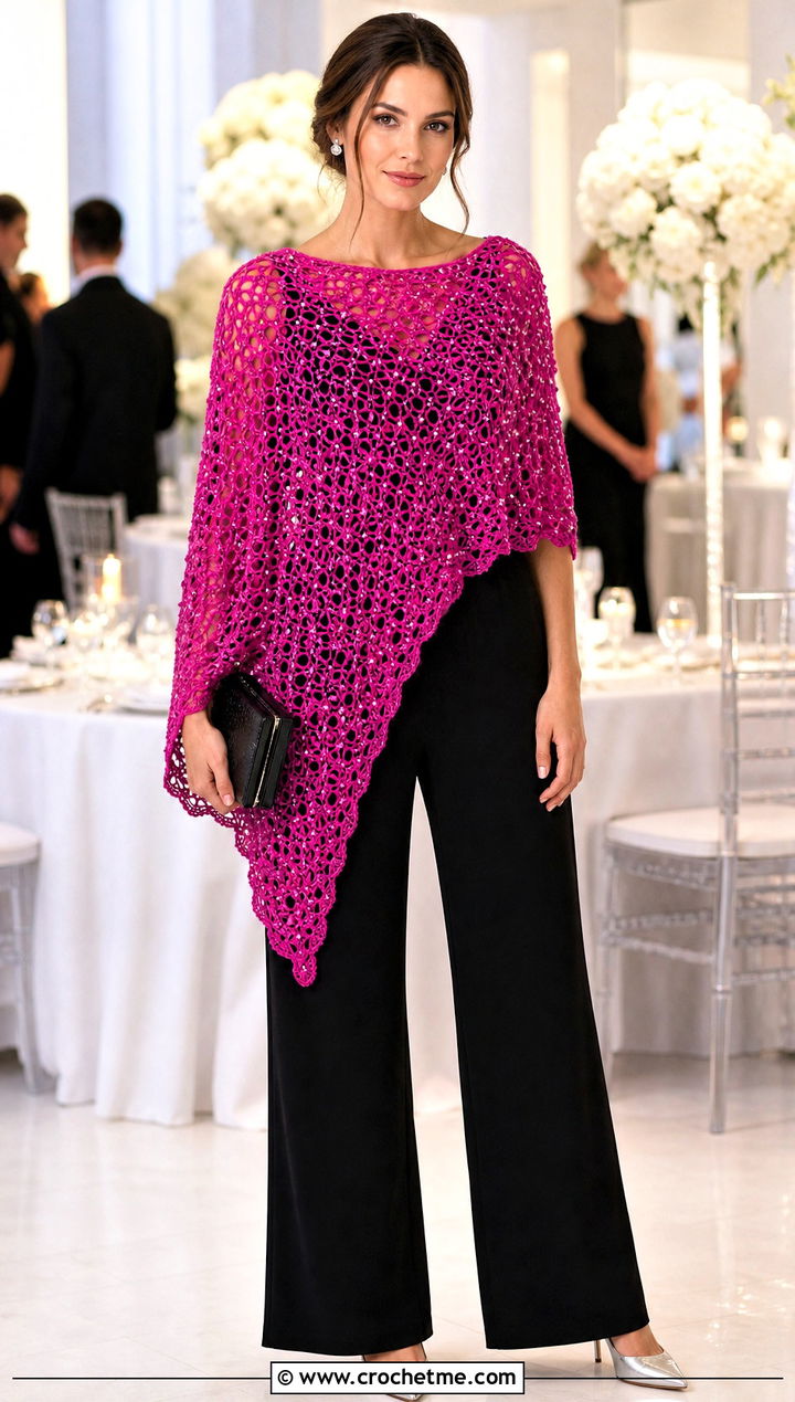 Beaded Asymmetrical Crochet Poncho With Wide Leg Jumpsuit - 25 Asymmetrical Crochet Poncho outfit ideas
