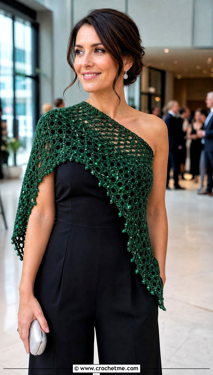Beaded Asymmetrical Crochet Shawl With Evening Jumpsuit - 30 asymmetrical crochet shawl outfit ideas