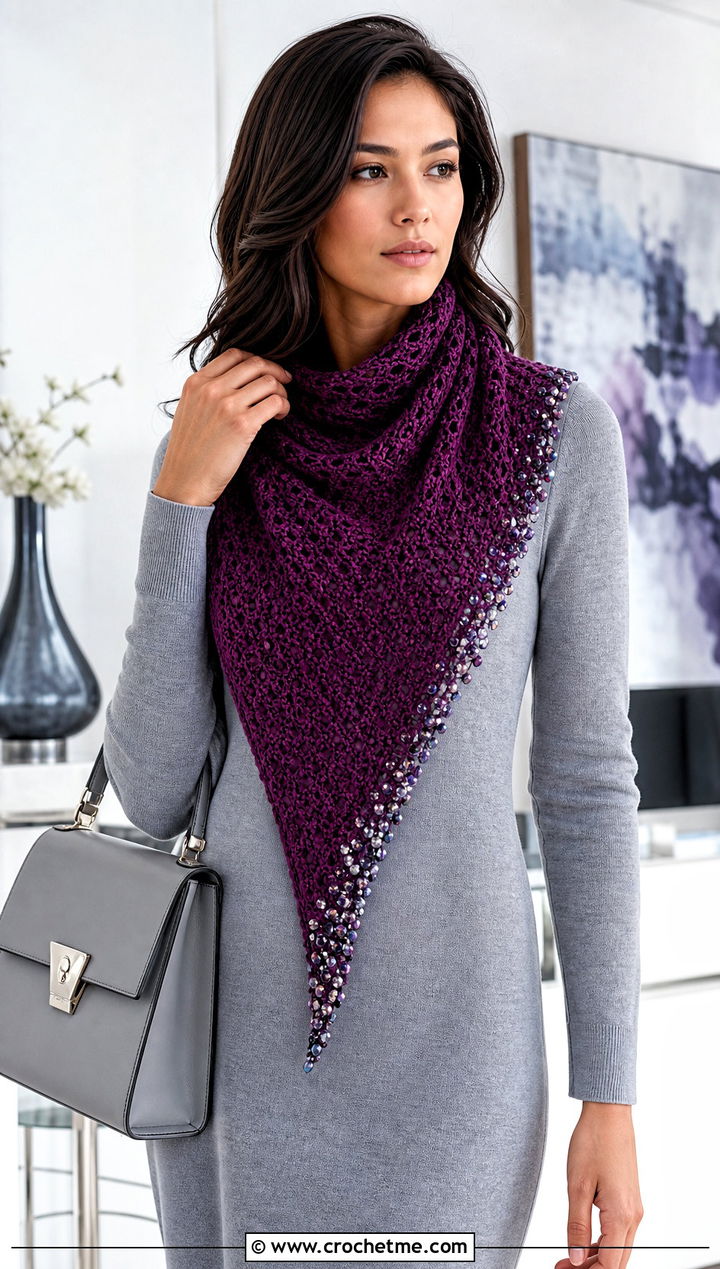 Beaded Asymmetrical Scarf With Knit Dress - 15 beaded crochet scarf design outfit ideas