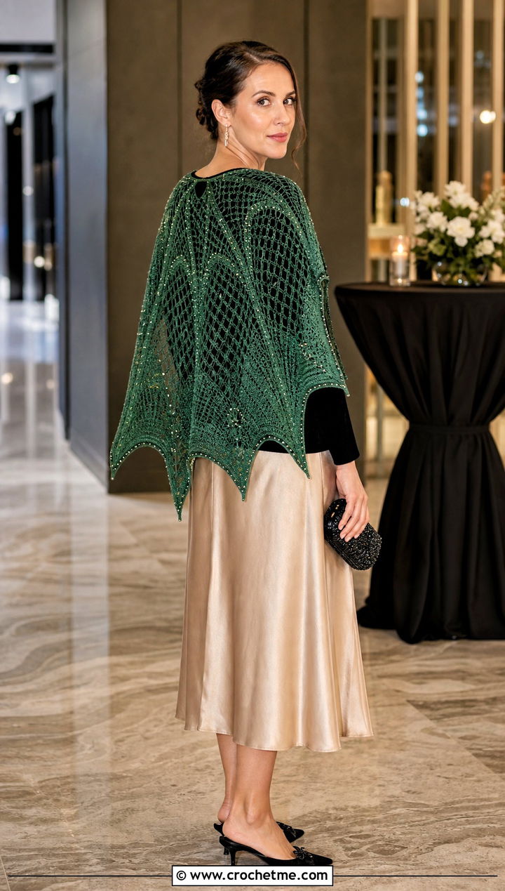 Beaded Bat Wing Crochet Shawl With Satin Skirt - 25 bat wing crochet shawl outfit ideas