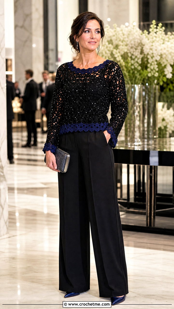 Beaded Black Crochet Sweater With Evening Trousers - 35 black crochet sweater outfit ideas