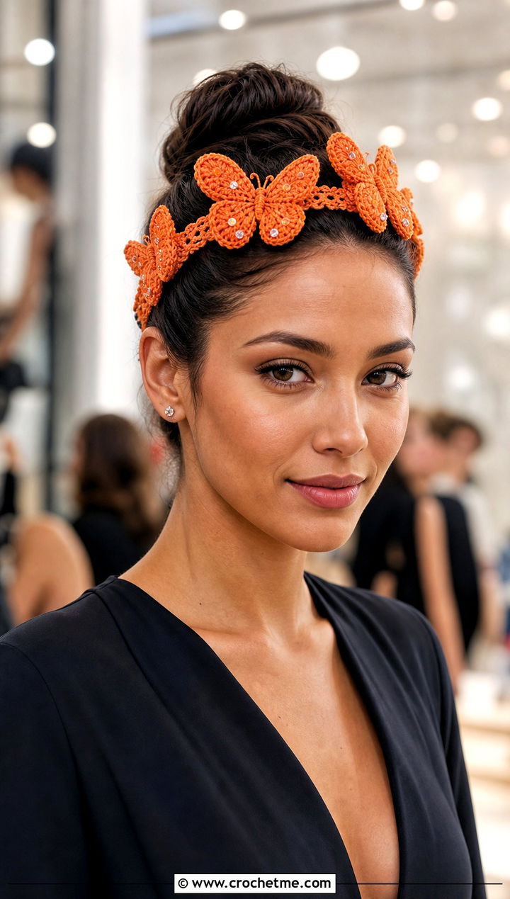 Beaded Butterfly Crochet Headband With Black Jumpsuit - 15 crochet butterfly headband outfit ideas