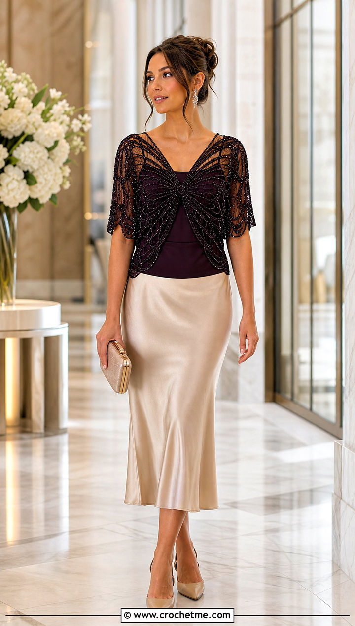 Beaded Butterfly Shrug With Satin Midi Skirt - 15 Crochet Butterfly Shrug outfit ideas
