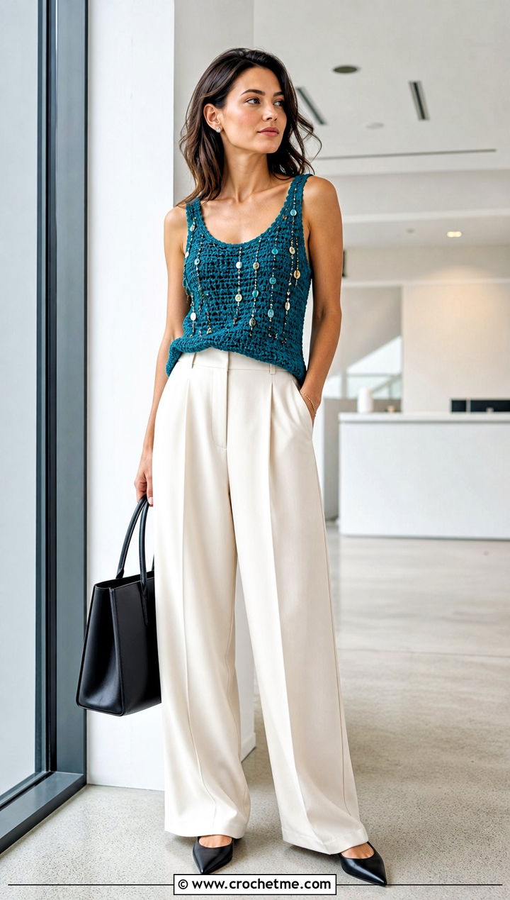 Beaded Charm Crochet Tank Top With Tailored Trousers - 25 crochet top with charms outfit ideas
