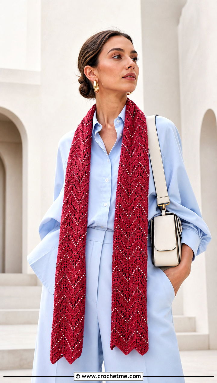 Beaded Chevron Scarf With Monochrome Separates - 15 beaded crochet scarf design outfit ideas
