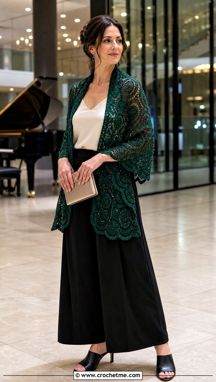 Beaded Circle Crochet Shawl With Palazzo Pants - 20 Circle Crochet Shawl outfit ideas
