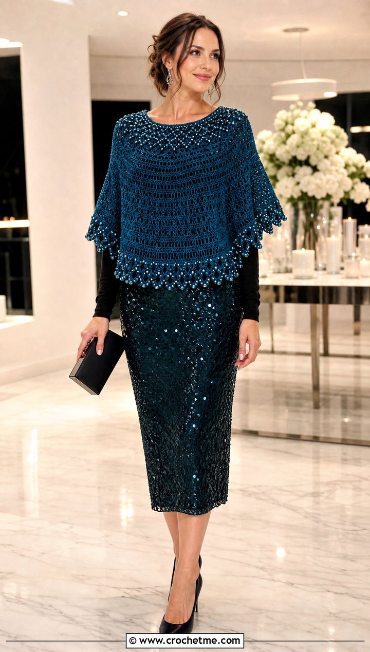 Beaded Circular Poncho With Sequin Midi Skirt - 25 Crochet Circular Poncho outfit ideas