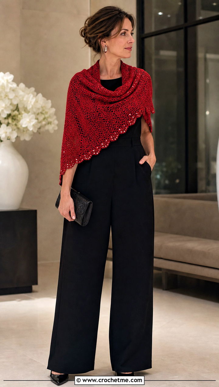 Beaded Crescent Crochet Shawl With Black Jumpsuit - 25 Crescent Crochet Shawl outfit ideas