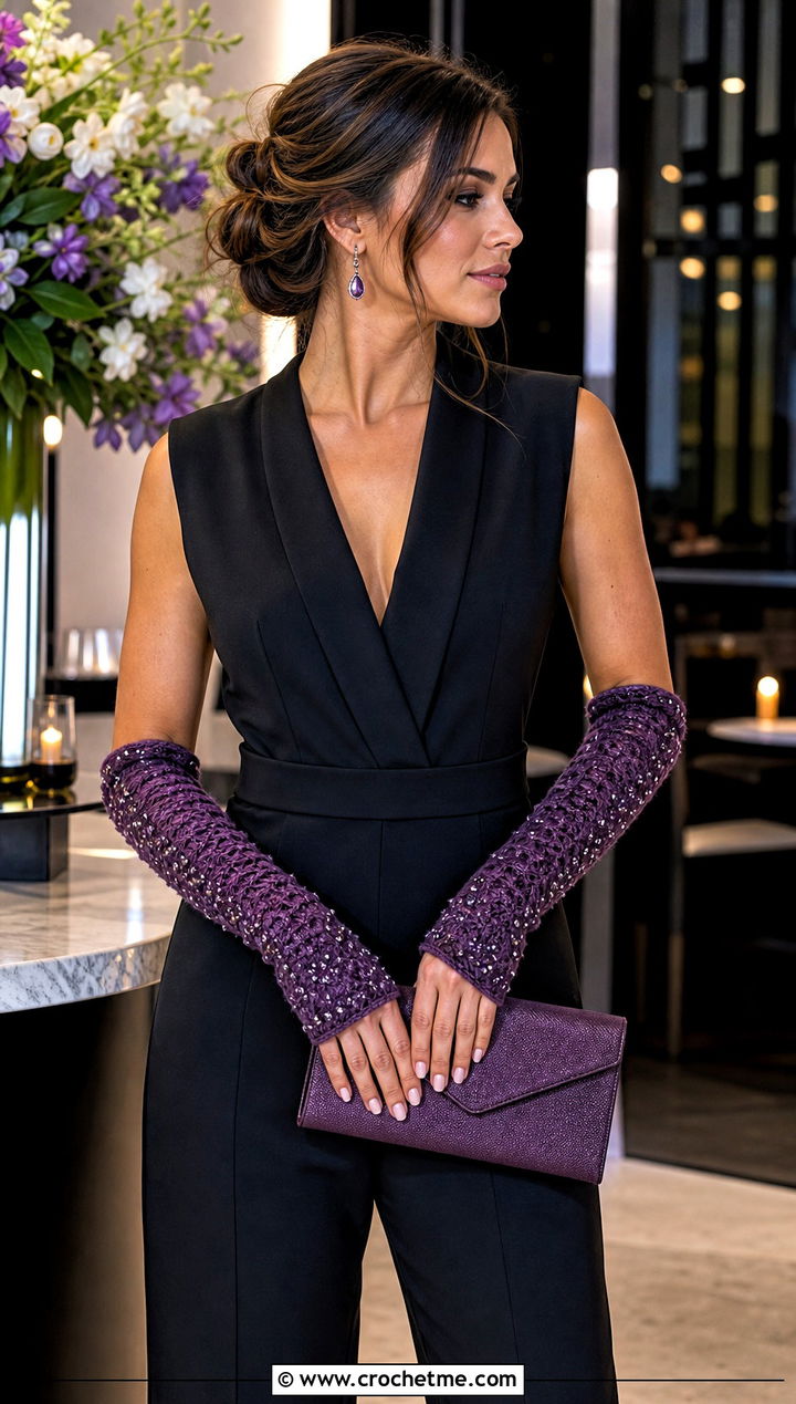 Beaded Crochet Arm Warmers With Black Jumpsuit And Heels - 25 Crochet Arm Warmer outfit ideas
