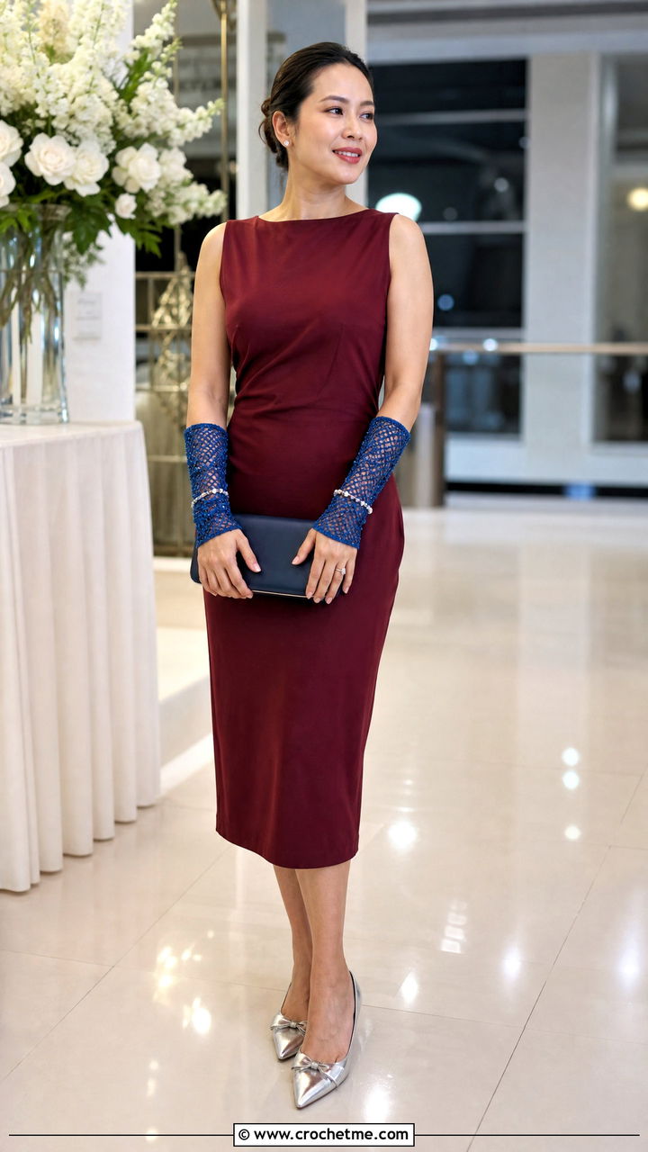 Beaded Crochet Arm Warmers With Column Dress - 35 crochet arm warmers outfit ideas