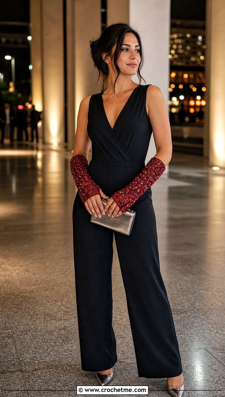 Beaded Crochet Arm Warmers With Evening Jumpsuit And Heels - 25 Easy Crochet Arm Warmers outfit ideas