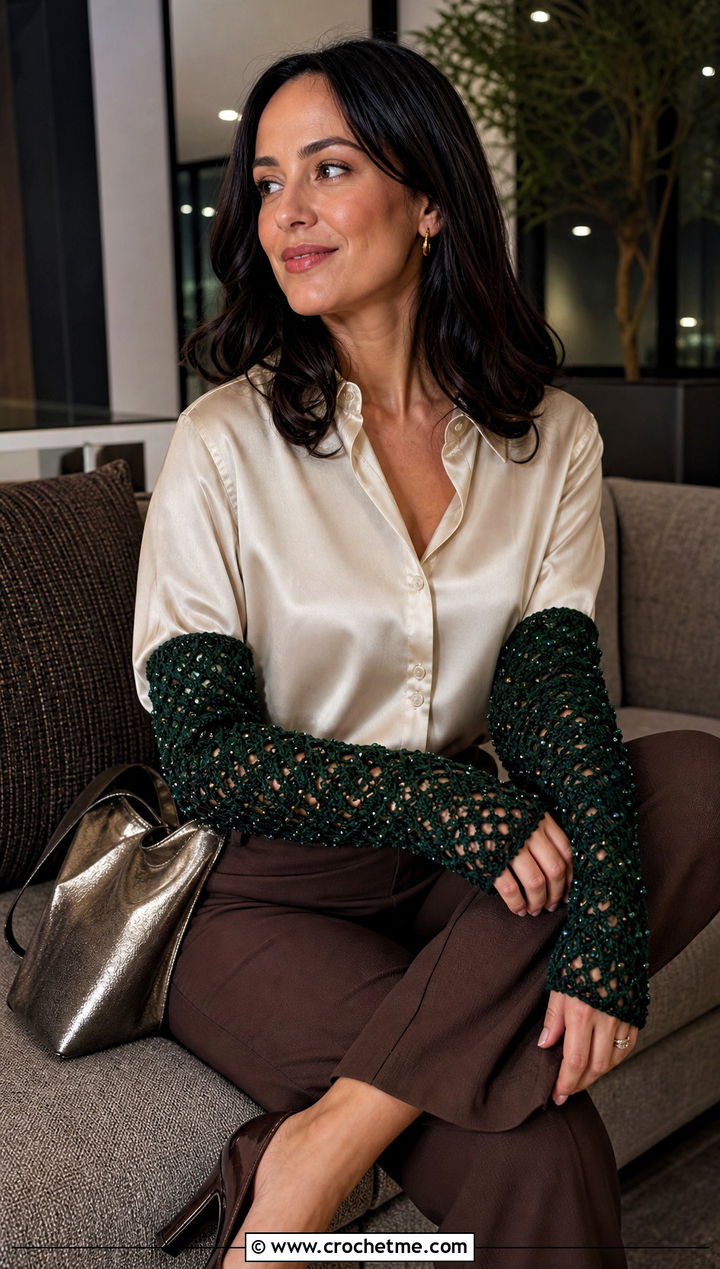 Beaded Crochet Arm Warmers With Satin Blouse - 25 Crochet Arm Warmers Aesthetic outfit ideas
