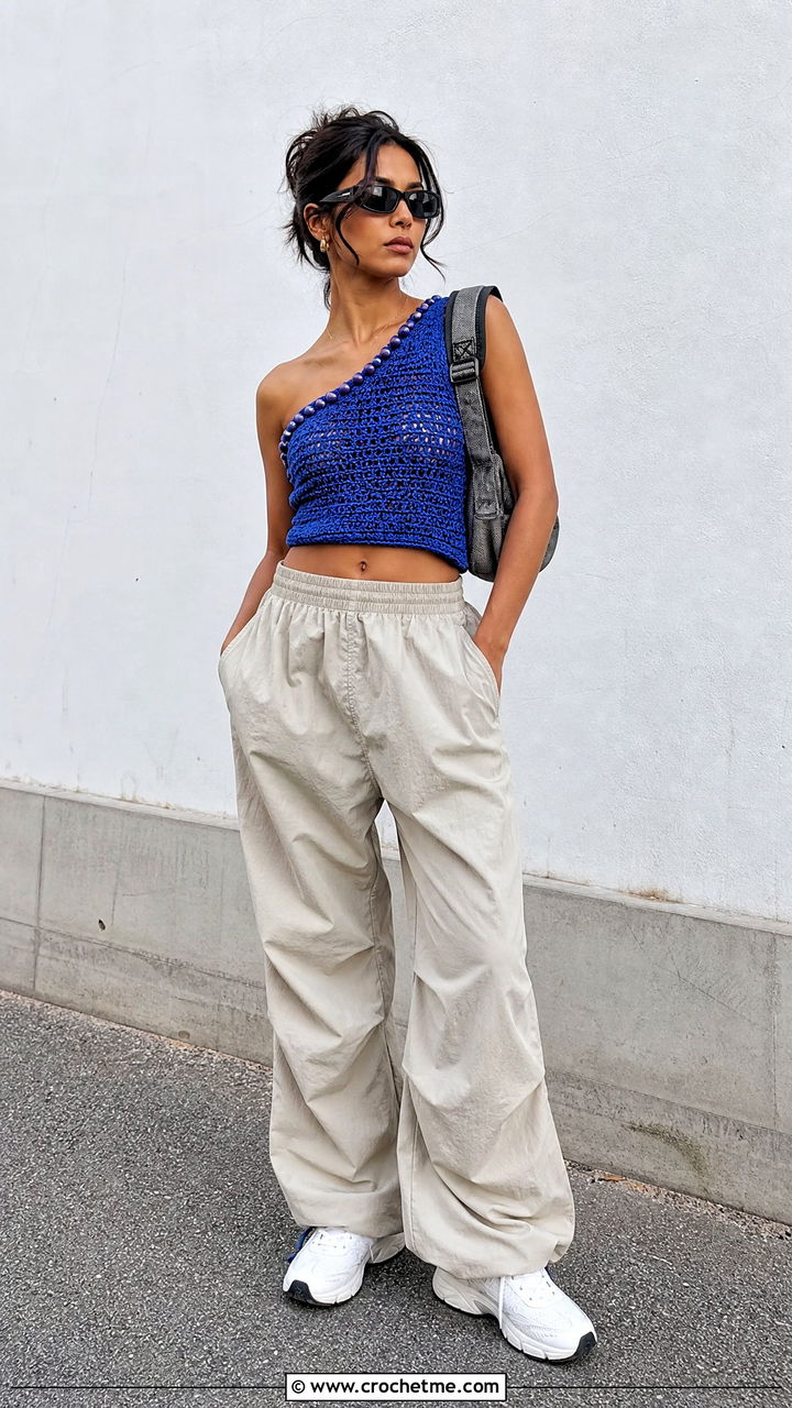 Beaded Crochet Asymmetric Top With Parachute Pants - 35 Crochet Top With Beads outfit ideas