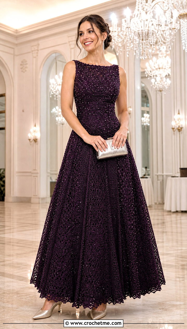 Beaded Crochet Ball Gown With Minimal Jewelry - 20 Crochet Ball Gown outfit ideas