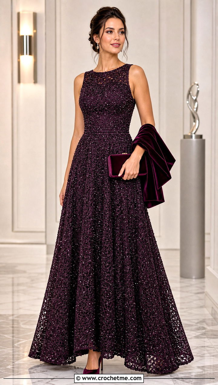 Beaded Crochet Ball Gown With Velvet Accessories - 30 crochet ball gown dress outfit ideas