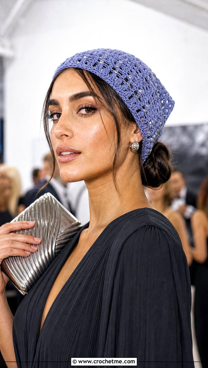 Beaded Crochet Bandana With Evening Jumpsuit - 25 crochet bandana hair scarf outfit ideas