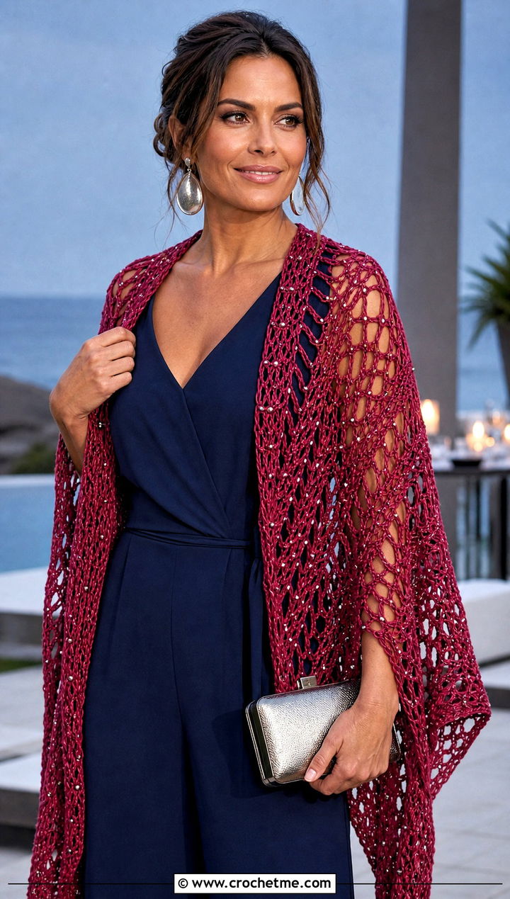 Beaded Crochet Beach Shawl With Evening Jumpsuit - 25 crochet beach shawl outfit ideas