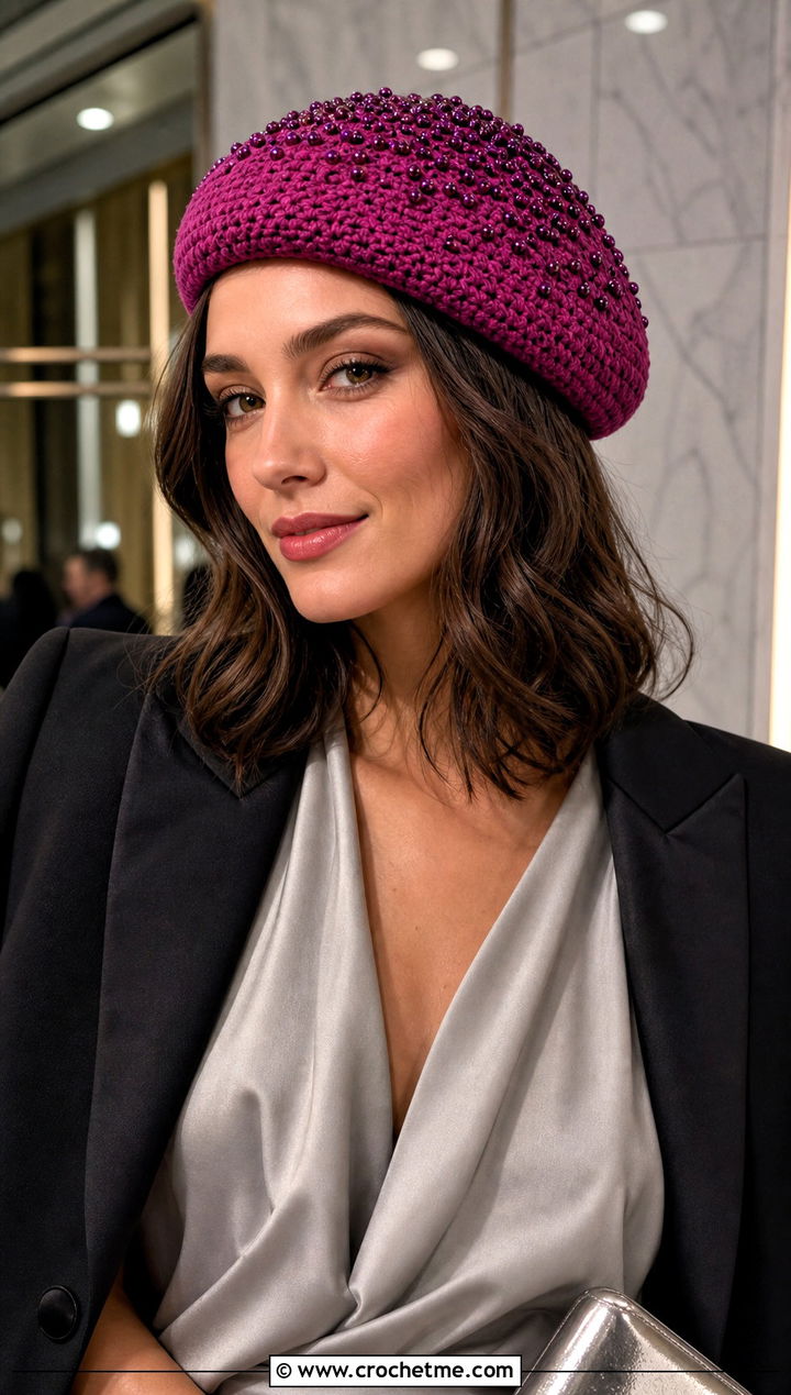 Beaded Crochet Beret With Satin Blouse And Tuxedo Pants - 15 Womens Crochet Beret outfit ideas