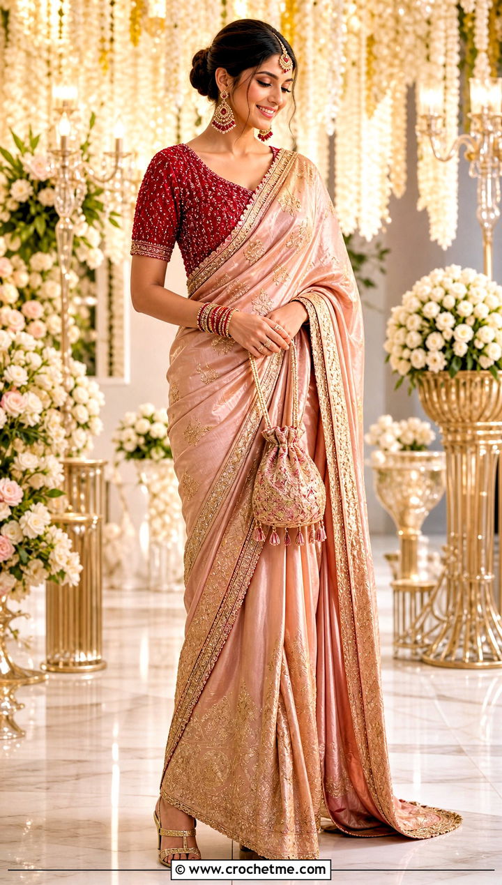 Beaded Crochet Blouse With Bridal Saree - 35 Crochet Blouse For Saree outfit ideas