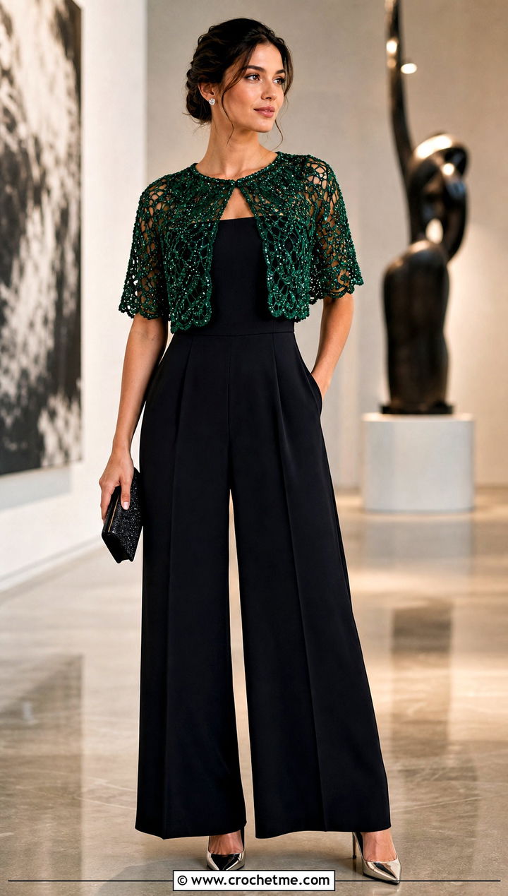 Beaded Crochet Bolero With Black Jumpsuit - 35 crocheted bolero outfit ideas