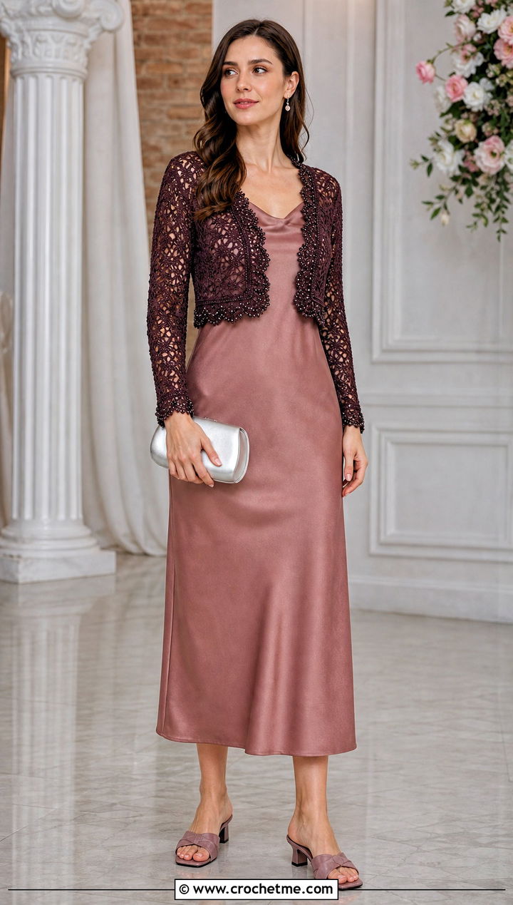 Beaded Crochet Bolero With Slip Dress - 25 crochet clothes with beads outfit ideas