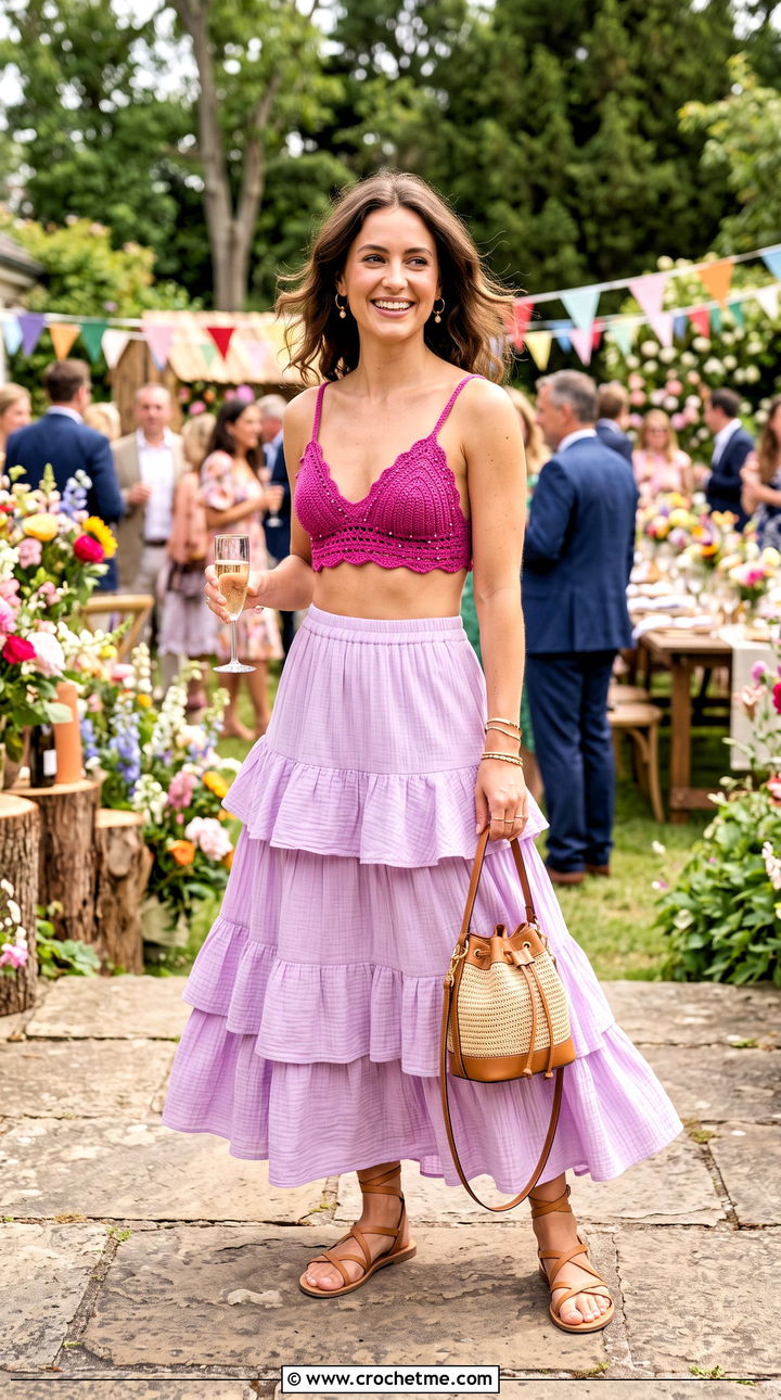 Beaded Crochet Bra Top With Tiered Maxi Skirt - 35 crochet bra top outfit ideas