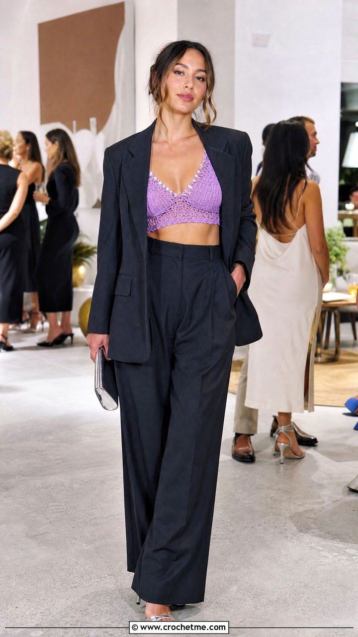 Beaded Crochet Bralette With Wide Leg Suit Pants - 35 crochet bralette outfit ideas