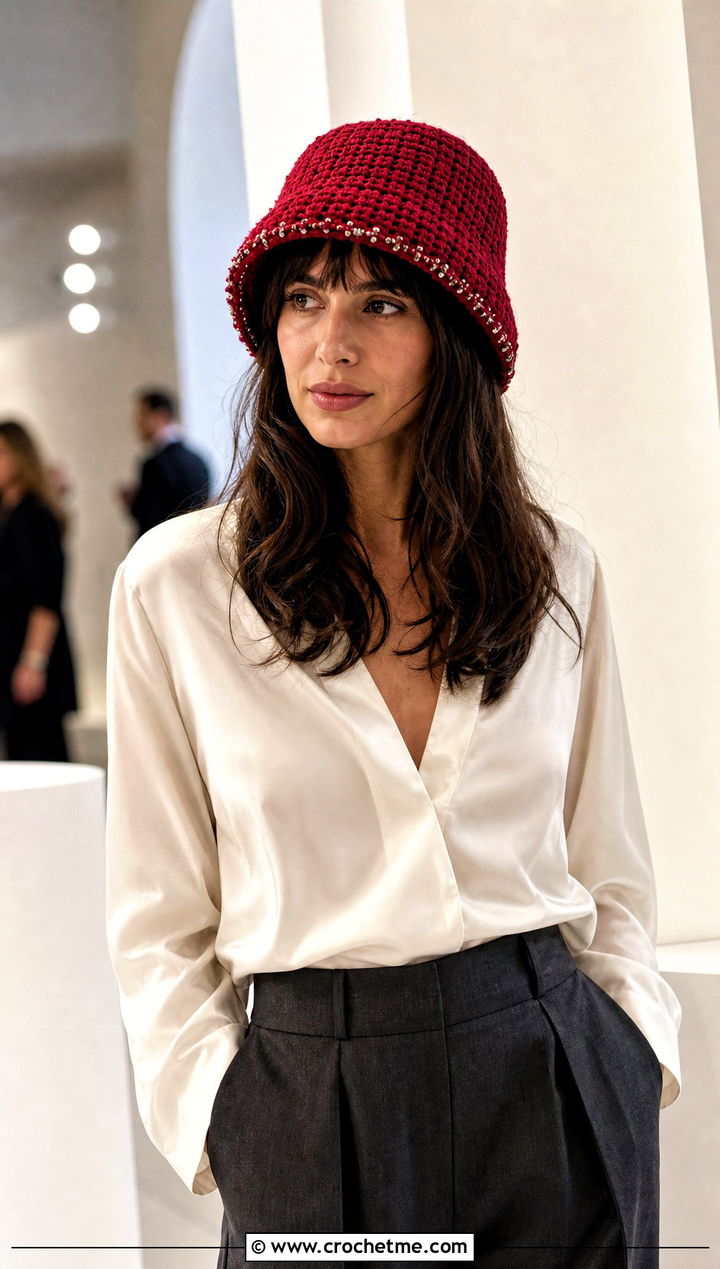 Beaded Crochet Bucket Hat With Silk Blouse And Trousers - 25 Crochet Bucket Hat For Women outfit ideas