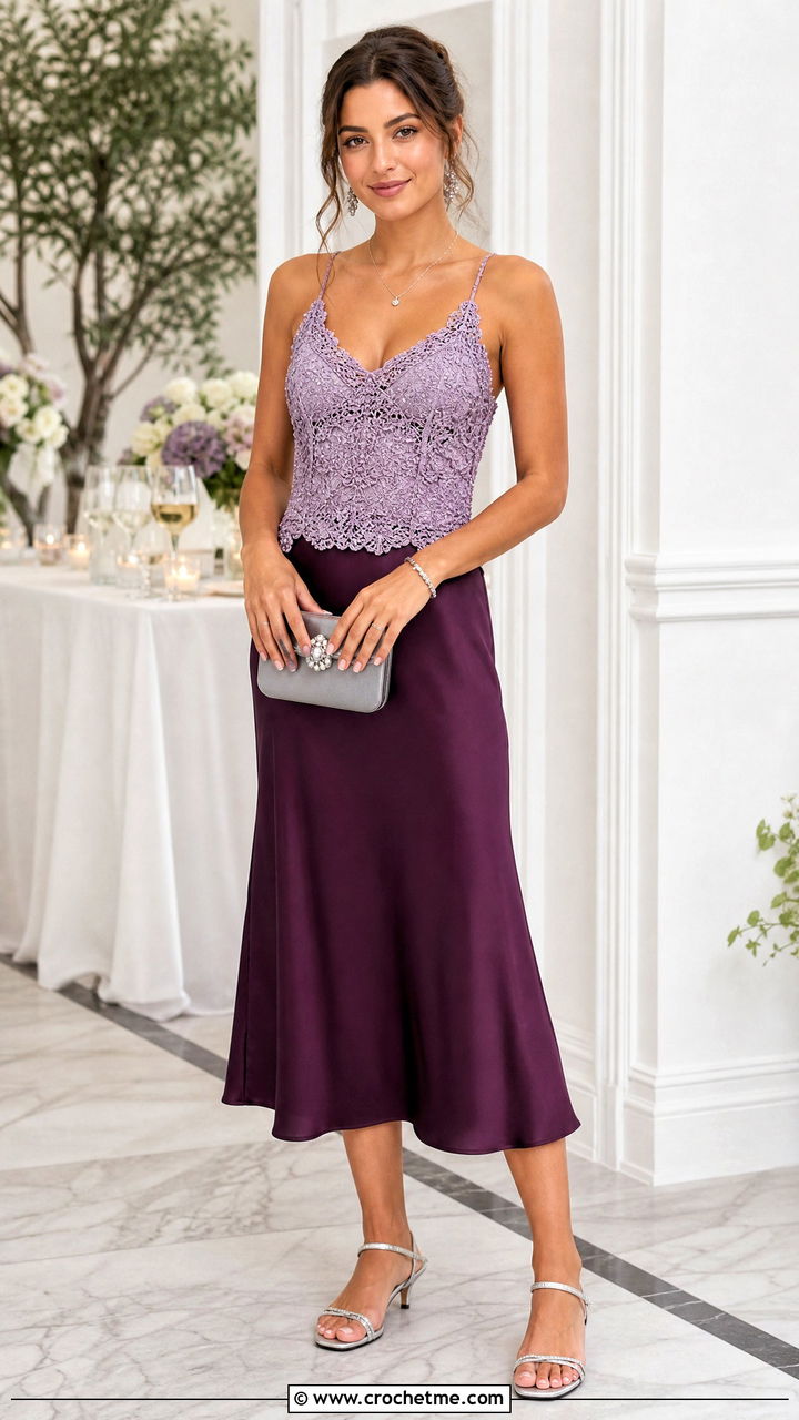 Beaded Crochet Camisole With Satin Midi Skirt - 35 Crochet Top With Beads outfit ideas
